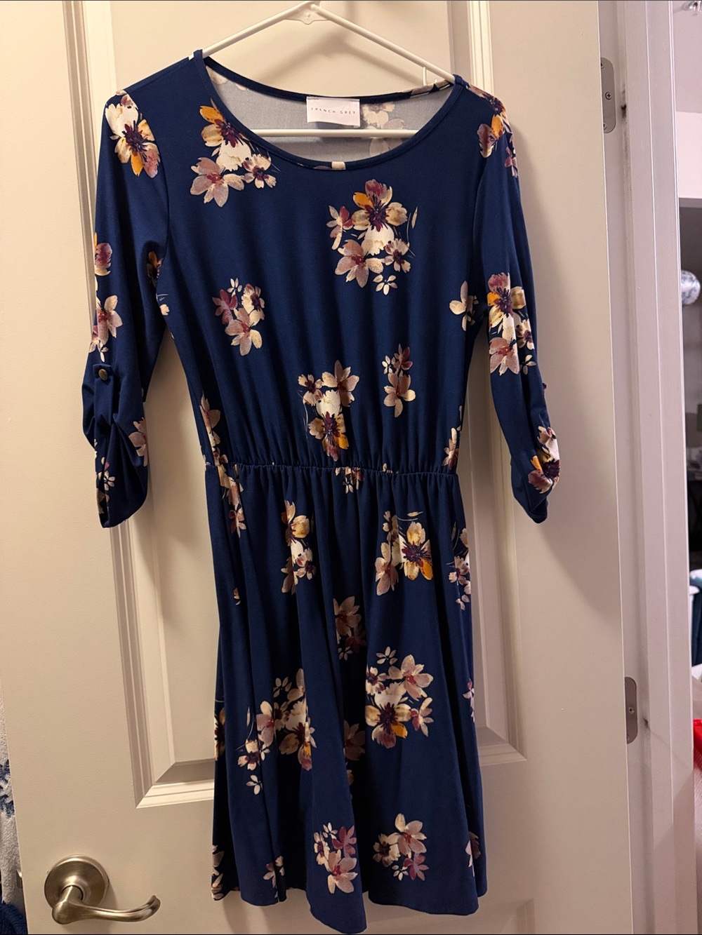 French Grey Navy Floral Long Sleeve Dress